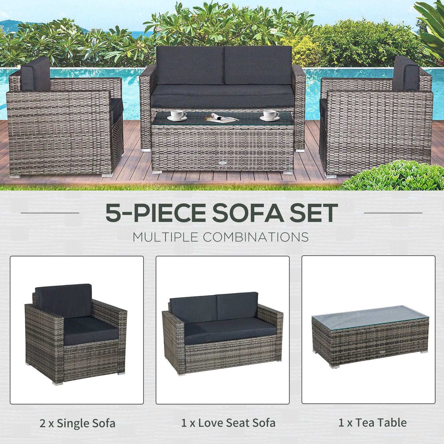 4 Piece Wicker Patio Set with 2 Sofa, Loveseat with Cushions and Glass Top Coffee Table - Image 2