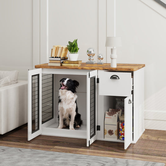44" Furniture Dog Crate with Double Door, Storage & Drawer for Medium Sized Dogs, White - Image 1