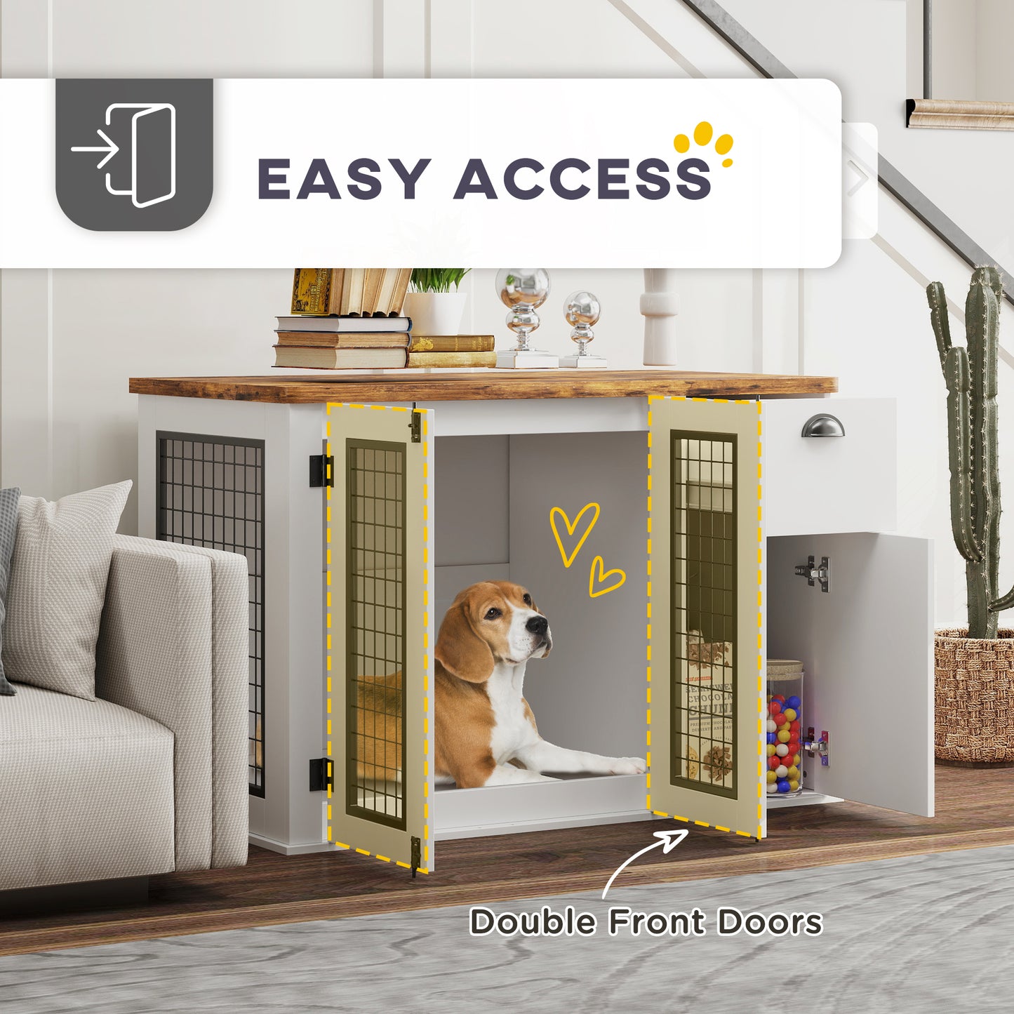 44" Furniture Dog Crate with Double Door, Storage & Drawer for Medium Sized Dogs, White - Image 3