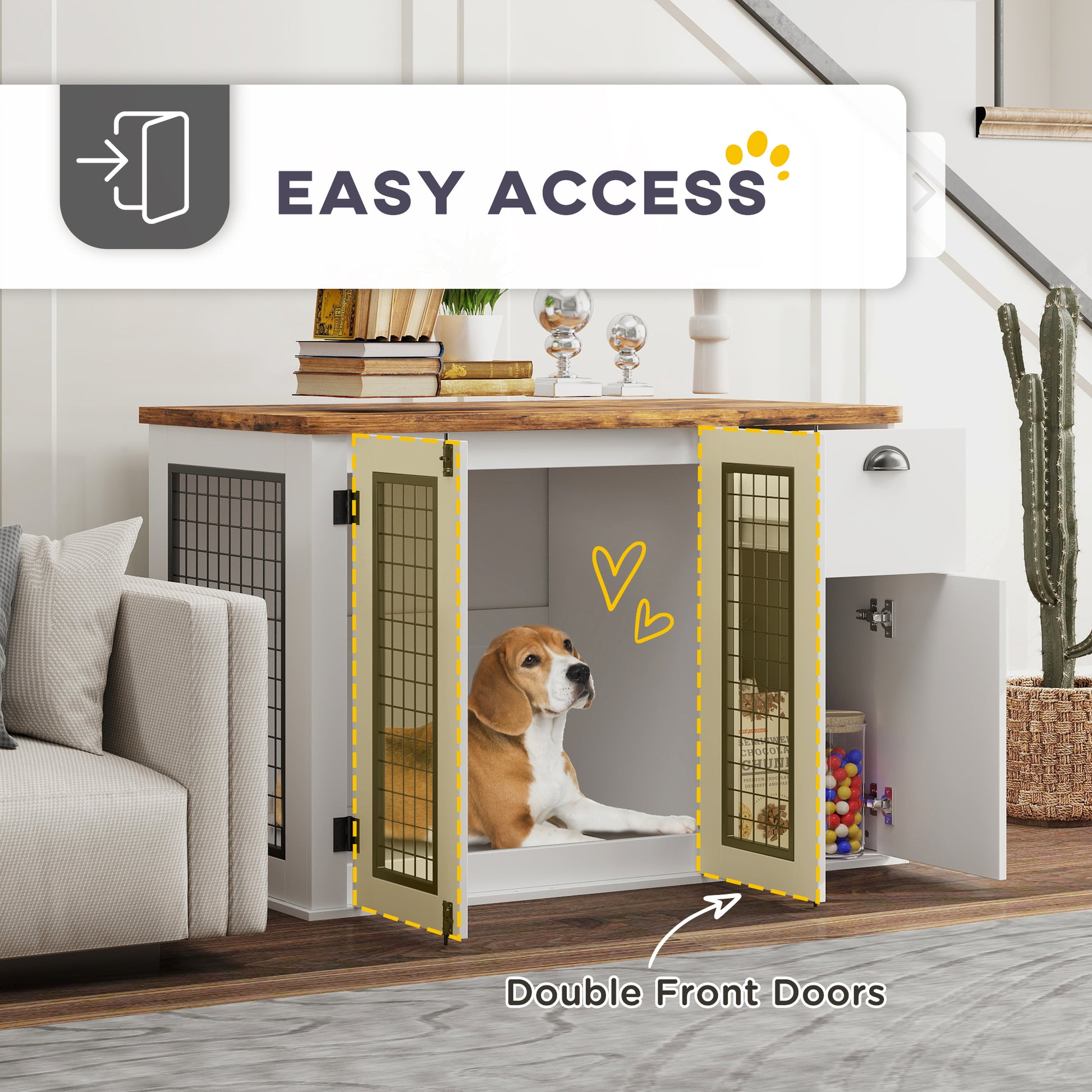 44" Furniture Dog Crate with Double Door, Storage & Drawer for Medium Sized Dogs, White - Image 3