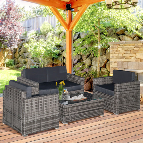 4 Piece Wicker Patio Set with 2 Sofa, Loveseat with Cushions and Glass Top Coffee Table - Image 1