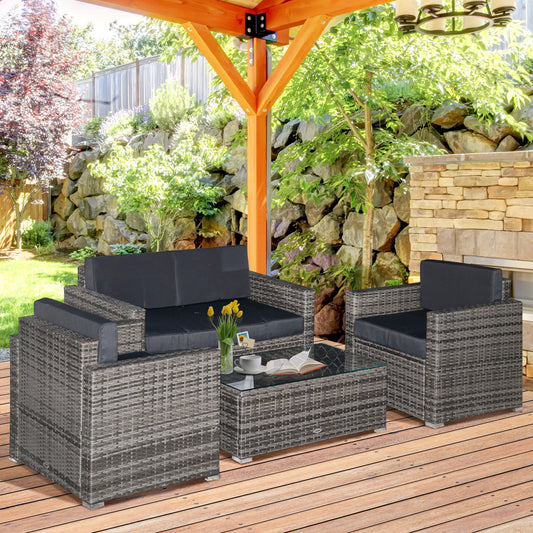4 Piece Wicker Patio Set with 2 Sofa, Loveseat with Cushions and Glass Top Coffee Table - Image 1